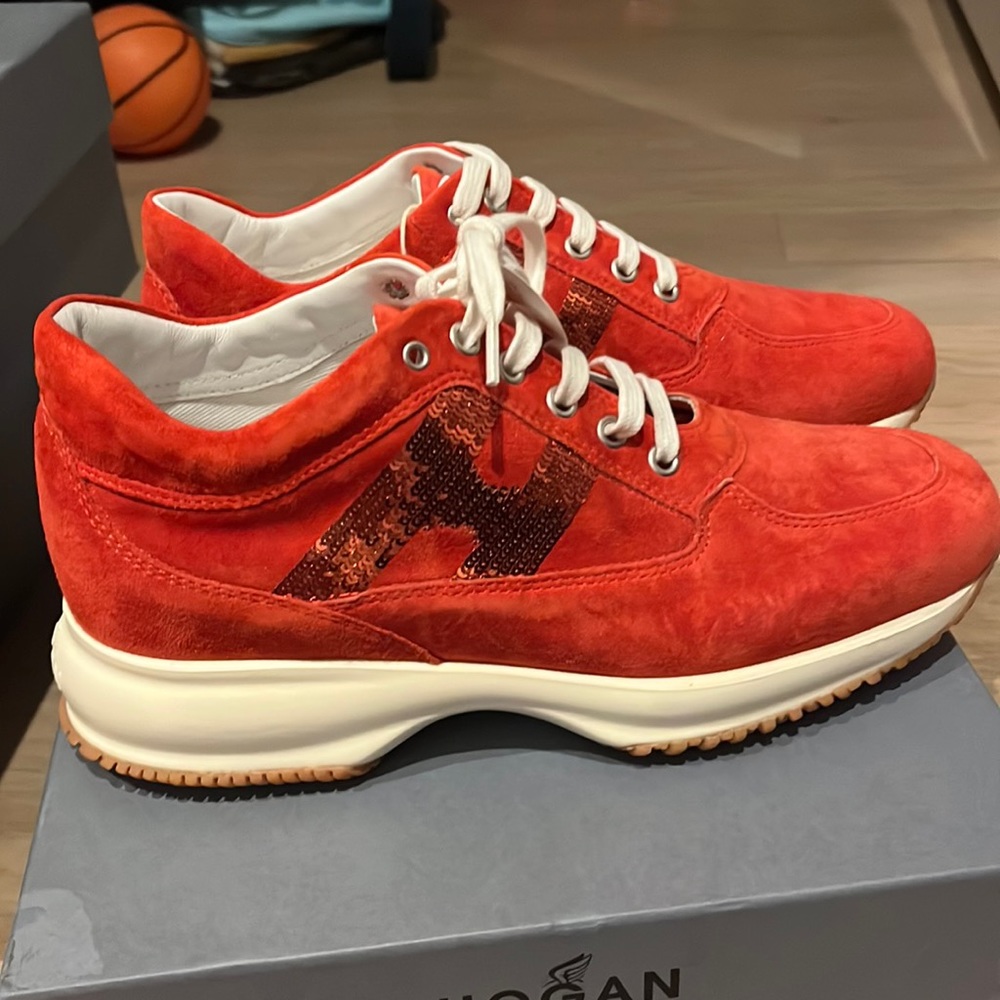 Brand new gorgeous hogan red/orangish sneaker with sequins H women size 8.5